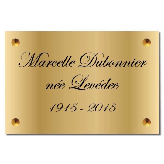 Plaque funéraire avec nom et date en métal doré - Laiton brillant