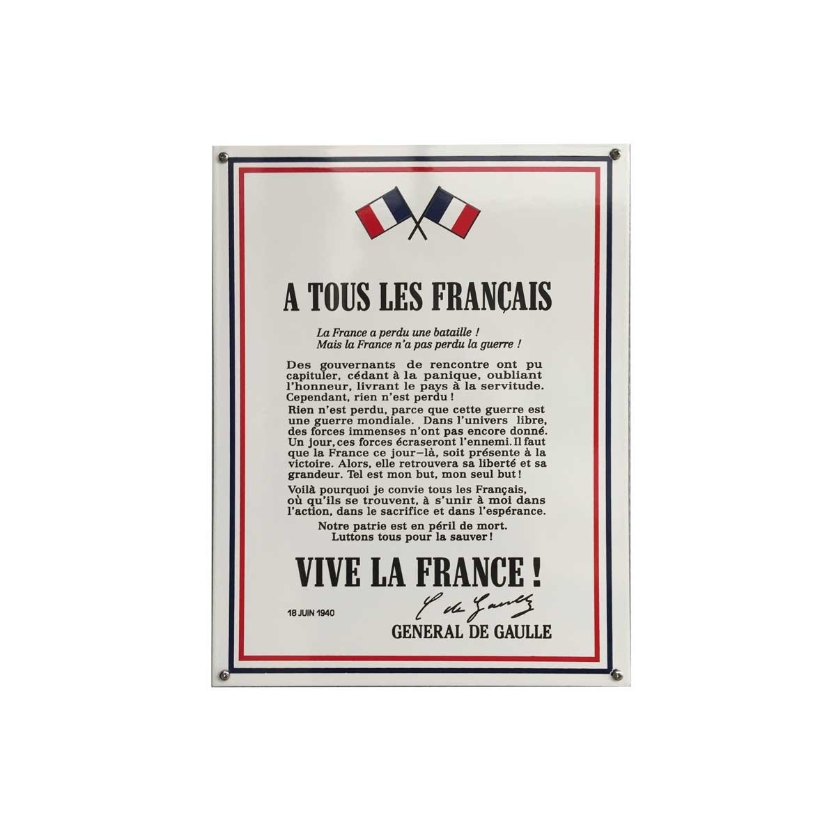 Plaque émaillée Appel du 18 Juin