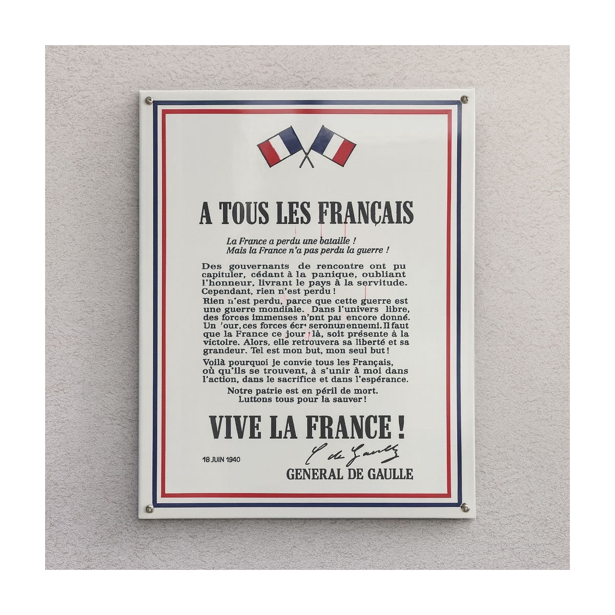 Plaque commémoration de l'Appel du 18 Juin du Général de Gaulle