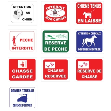 Pancarte Pêche réservée  Chasse gardée ou réservée  Attention chevaux
